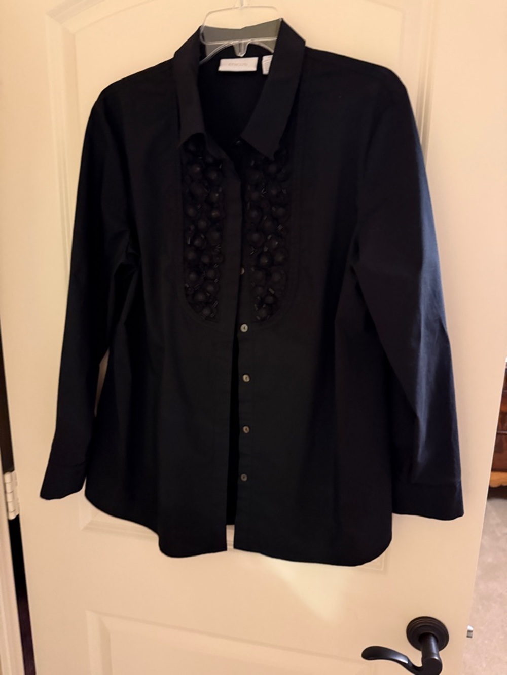 Chico’s Black Long-Sleeve Button-Down Shirt with Embellished Bib